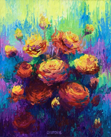 Painting titled ""Roses"" by Oxypoint, Original Artwork, Oil Mounted on Wood Stretcher frame