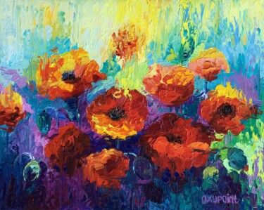 Painting titled ""Poppies"" by Oxypoint, Original Artwork, Oil Mounted on Wood Stretcher frame