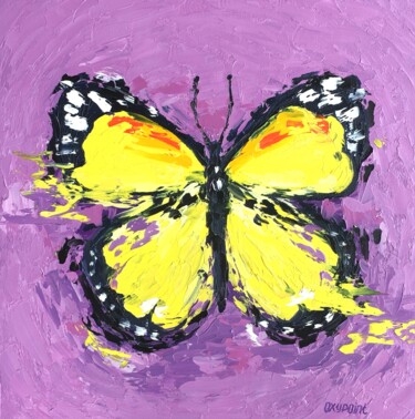 Painting titled ""Yellow butterfly"" by Oxypoint, Original Artwork, Oil Mounted on Wood Stretcher frame