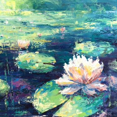 Painting titled ""Water lilies on th…" by Oxypoint, Original Artwork, Oil Mounted on Wood Stretcher frame