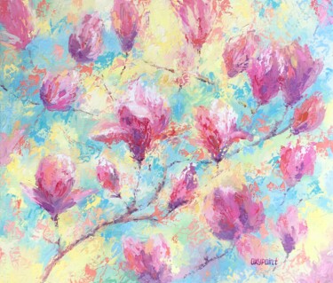 Painting titled ""Magnolia"" by Oxypoint, Original Artwork, Oil Mounted on Wood Stretcher frame