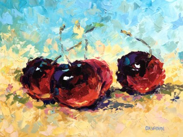 Painting titled ""Cherries"" by Oxypoint, Original Artwork, Oil Mounted on Cardboard
