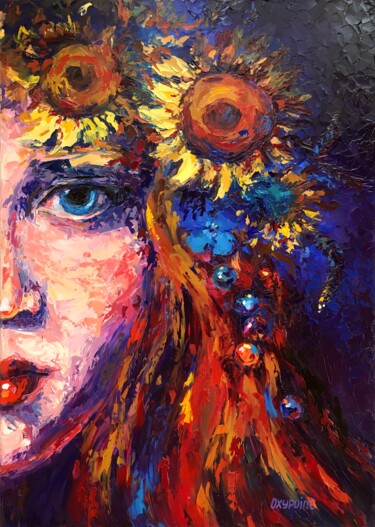 Painting titled ""Girl with a wreath…" by Oxypoint, Original Artwork, Oil Mounted on Wood Stretcher frame