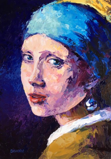 Painting titled ""Girl with a Pearl…" by Oxypoint, Original Artwork, Oil Mounted on Wood Stretcher frame