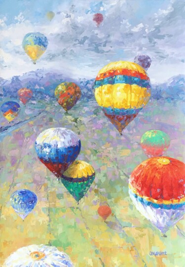 Schilderij getiteld ""Hot air balloons"" door Oxypoint, Origineel Kunstwerk, Olie Gemonteerd op Frame voor houten brancard