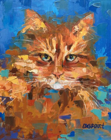 Painting titled ""Red Cat"" by Oxypoint, Original Artwork, Oil Mounted on Cardboard