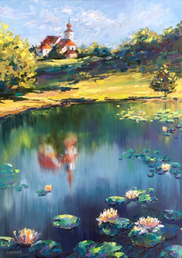 Painting titled ""Lake Dežno. Podleh…" by Oxypoint, Original Artwork, Oil Mounted on Wood Stretcher frame