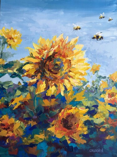 Pittura intitolato ""Sunflowers", oil p…" da Oxypoint, Opera d'arte originale, Olio Montato su Cartone