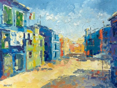 Painting titled ""The colorful stree…" by Oxypoint, Original Artwork, Oil Mounted on Cardboard