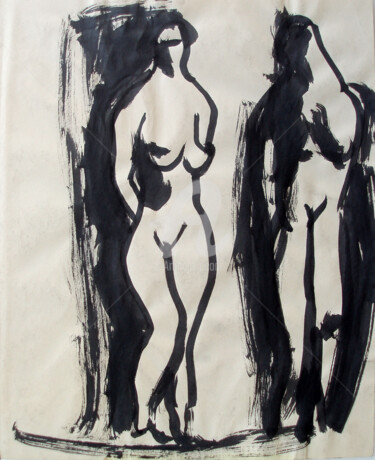 Drawing titled "Two Female Figures" by Ozan Adam, Original Artwork, Ink