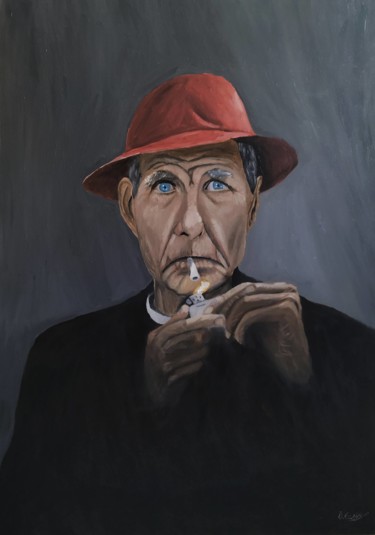 Peinture intitulée "Man with Red Hat" par Özkan Çelik, Œuvre d'art originale, Huile Monté sur Châssis en bois