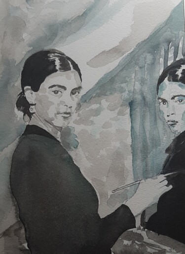 Peinture intitulée "Frida by Frida" par Pascale Albizzati, Œuvre d'art originale, Encre Monté sur Panneau de bois