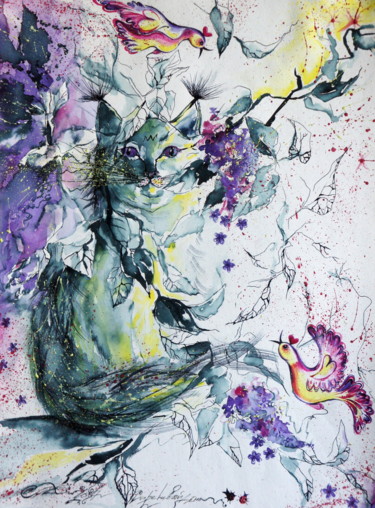 Ζωγραφική με τίτλο "Lilac day :)" από Iryna Tatur, Αυθεντικά έργα τέχνης, Ακουαρέλα