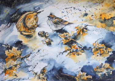 Painting titled "Kitten and Sparrow…" by Iryna Tatur, Original Artwork, Ink