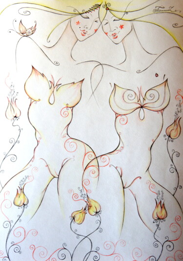 Peinture intitulée "Flower Nymphs" par Iryna Tatur, Œuvre d'art originale, Encre