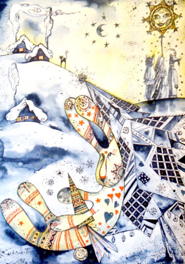 Malerei mit dem Titel "Christmas Hare" von Iryna Tatur, Original-Kunstwerk, Tinte