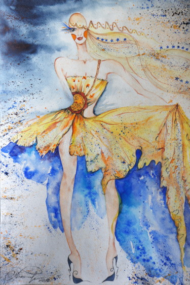 Schilderij getiteld "Flower Fairy" door Iryna Tatur, Origineel Kunstwerk, Aquarel