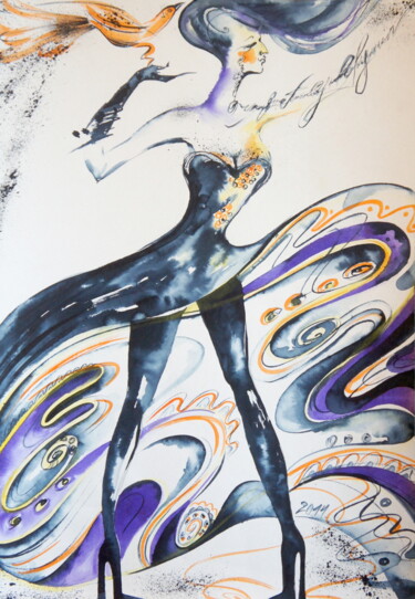 Картина под названием "Dance with the Bird" - Iryna Tatur, Подлинное произведение искусства, Чернила