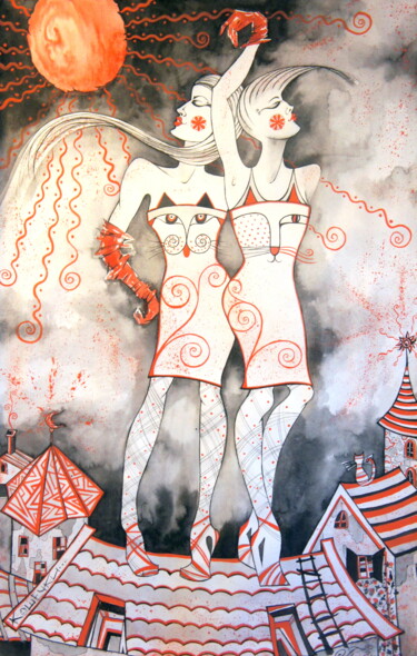 Pittura intitolato "Women - Cats" da Iryna Tatur, Opera d'arte originale, Inchiostro