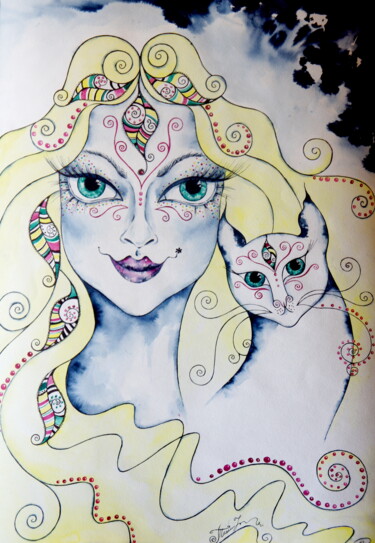 「Woman and Cat」というタイトルの絵画 Iryna Taturによって, オリジナルのアートワーク, インク