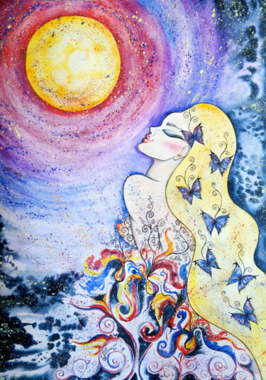 Картина под названием "Woman is the Cosmos" - Iryna Tatur, Подлинное произведение искусства, Чернила