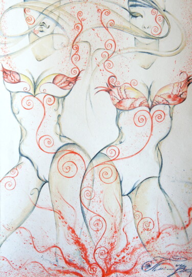 Картина под названием "Nymphs" - Iryna Tatur, Подлинное произведение искусства, Чернила