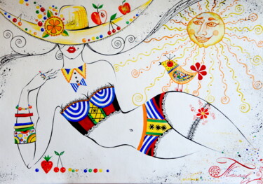 Картина под названием "Sunbathing  :)" - Iryna Tatur, Подлинное произведение искусства, Чернила
