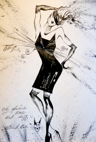 「Dress Black Cat :)」というタイトルの絵画 Iryna Taturによって, オリジナルのアートワーク, インク