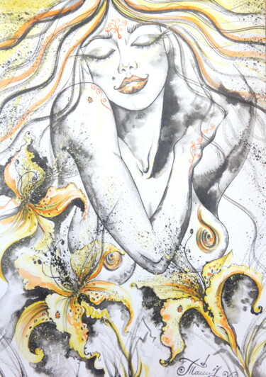 Картина под названием "Lily" - Iryna Tatur, Подлинное произведение искусства, Чернила