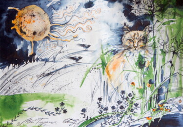 Malarstwo zatytułowany „Cat - Sun ( Tiger :)” autorstwa Iryna Tatur, Oryginalna praca, Atrament