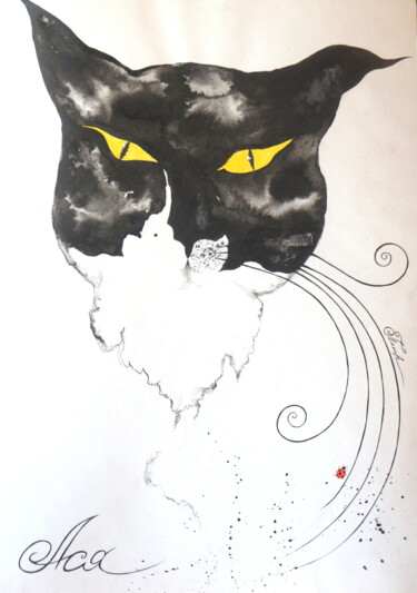 Peinture intitulée "Cat Asia" par Iryna Tatur, Œuvre d'art originale, Encre