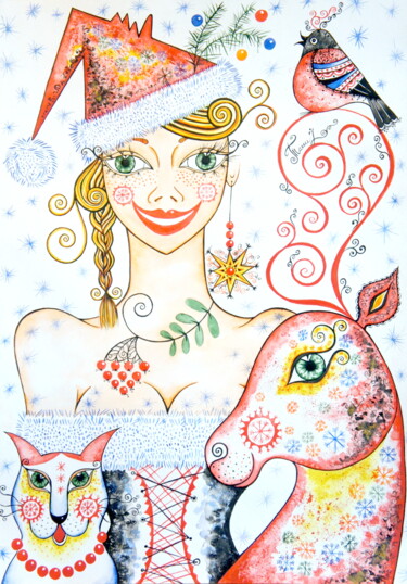 Painting titled "Good New Year Spiri…" by Iryna Tatur, Original Artwork, Watercolor