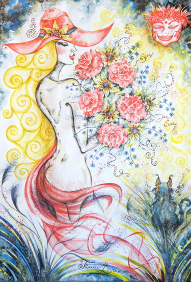 Картина под названием "Gardener at Sunset" - Iryna Tatur, Подлинное произведение искусства, Чернила
