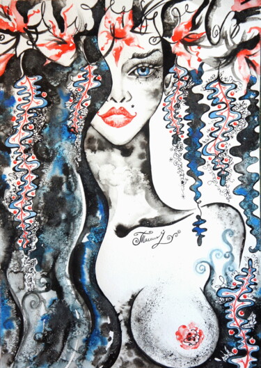 Peinture intitulée "Bather with blue ha…" par Iryna Tatur, Œuvre d'art originale, Encre