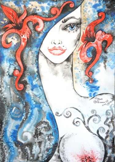 Картина под названием "Bather with Red Flo…" - Iryna Tatur, Подлинное произведение искусства, Чернила
