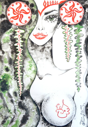 Картина под названием "Bather with green h…" - Iryna Tatur, Подлинное произведение искусства, Чернила