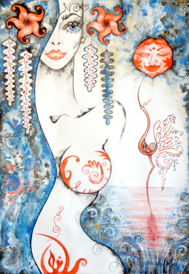 Peinture intitulée "Bather at Sunset" par Iryna Tatur, Œuvre d'art originale, Encre