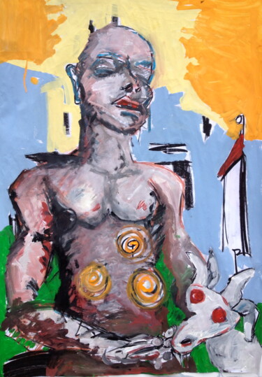 Painting titled "Männer starren Zieg…" by P.K., Original Artwork, Oil