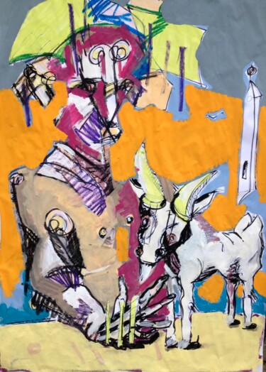 Malerei mit dem Titel "Männer starren Zieg…" von P.K., Original-Kunstwerk, Öl
