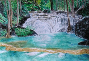 Painting titled "Waterfalls" by P. Le Sommer, Original Artwork, Watercolor