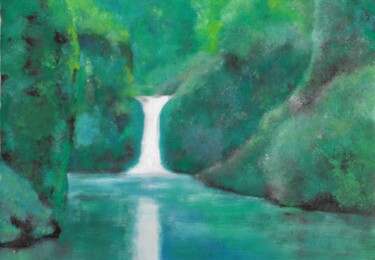Schilderij getiteld "Forest waterfalls" door P. Le Sommer, Origineel Kunstwerk, Gouache