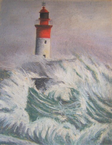 Tekening getiteld "Lighthouse" door P. Le Sommer, Origineel Kunstwerk, Pastel