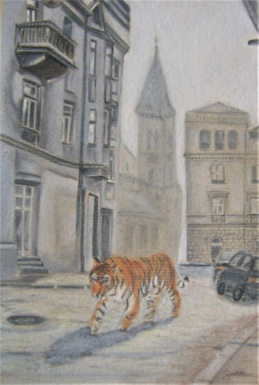 Rysunek zatytułowany „Tiger in the city” autorstwa P. Le Sommer, Oryginalna praca, Pastel