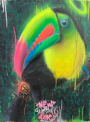 Schilderij getiteld "Save Amazonia" door Pablito Mourer, Origineel Kunstwerk, Graffiti Gemonteerd op Frame voor houten branc…