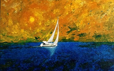 Painting titled "Sailboat in yellow…" by Pablo Guillamon, Original Artwork, Acrylic