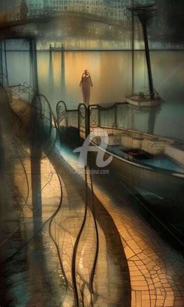 Arte digital titulada "Embarcadero de noche" por Paco Fuente, Obra de arte original, Foto-montaje