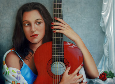 Pintura intitulada "Amor de guitarra" por Paco Yuste, Obras de arte originais, Óleo