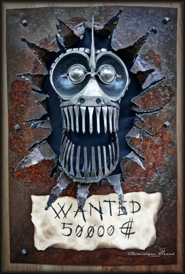 Sculpture titled "Wanted" by Pacom, Original Artwork, Metals Mounted on Wood Panel