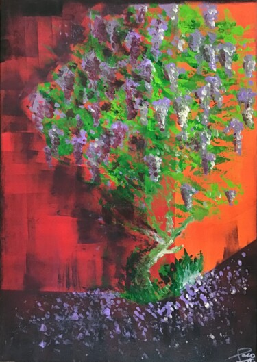 Painting titled "La glycine" by Pacotille, Original Artwork, Acrylic Mounted on Wood Stretcher frame