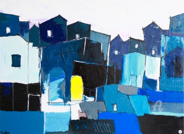 Painting titled "la ville bleue" by Paddy, Original Artwork, Acrylic Mounted on Wood Stretcher frame